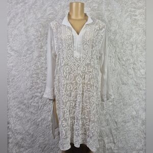 Embroidered Geo White Lace Long Sleeve Shift Tunic Cottagecore Boho Sheer Medium